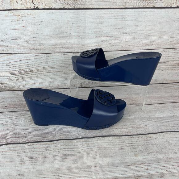 Tory Burch Miller Womens Sz 9.5M Platform Slides Wedges Navy Blue - Picture 1 of 9